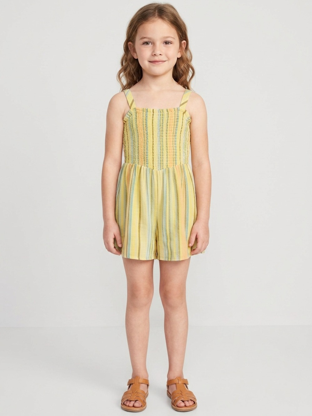 ART CLASS Girls Romper Sleeveless Shirred Yellow Boho Jumpsuit Romper 6 6x Flowy